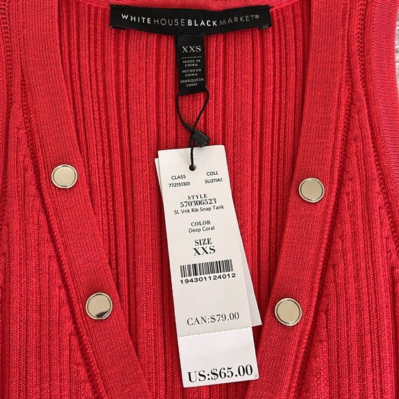 NWT WHBM V-Neck Snap-Front Rib Knit Sweater Tank Deep Coral XXS - Picture 6 of 8